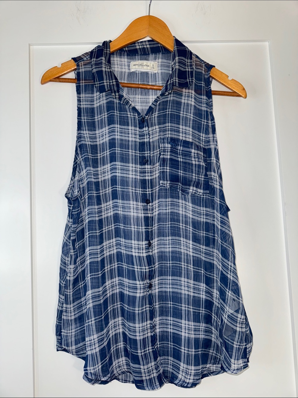 Abercrombie & Fitch Blue Plaid Sleeveless Button-Front Top Gauzy Sheer Sz Md